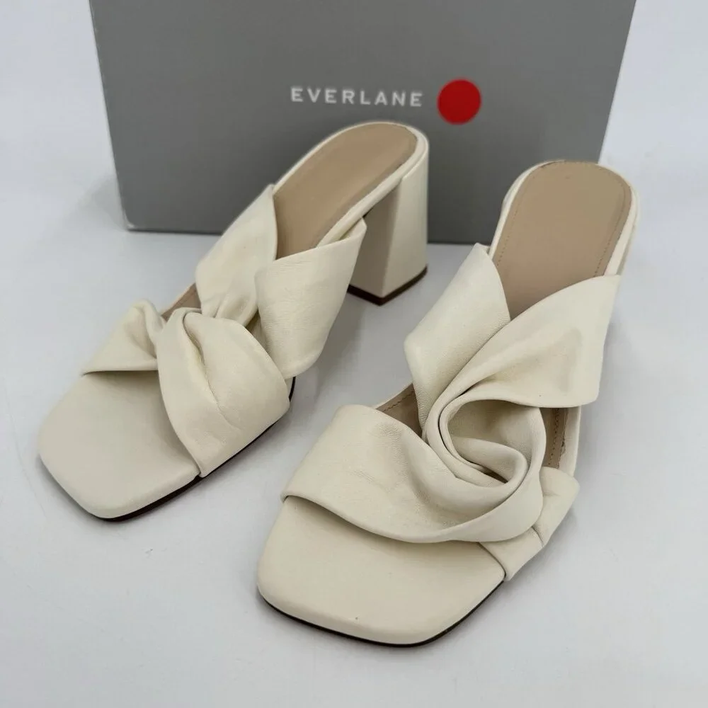 Everlane The Day Twist Heel Sandals sz 9.5 Parchment Slip-on Leather Block Heel